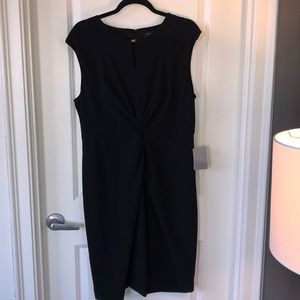Tahari Black Sheath Dress with gold front clasp.